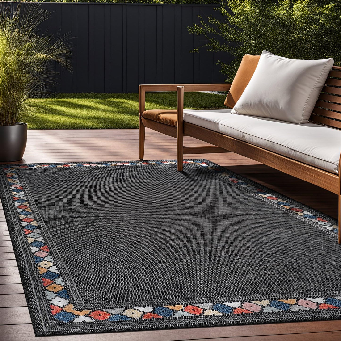 Beverly Rug Outdoor Rug 8x10 Modern Bordered Area Rugs for Indoor and Outdoor Patio Easy to Clean Non Shedding Living Room Porch Garden Washable Outside Carpet (8 x 10 Dark Gray)