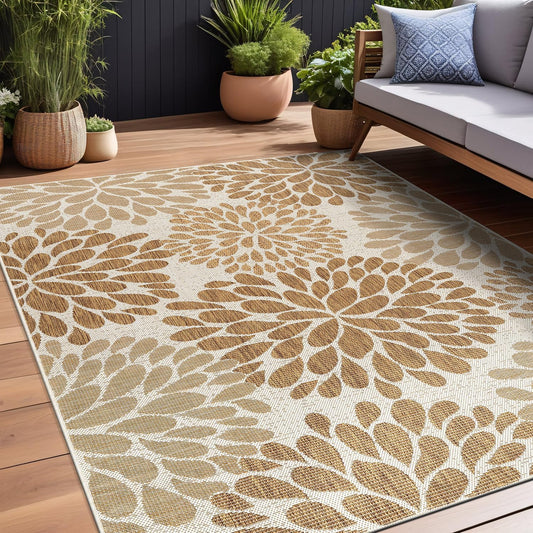 Beverly Rug Outdoor Rug 8x10 Modern Exotic Tropical Leaf Area Rugs for Indoor and Outdoor Patio Deck Porch Garden Water Resistant Washable Outside Carpet (8 x 10 Beige)