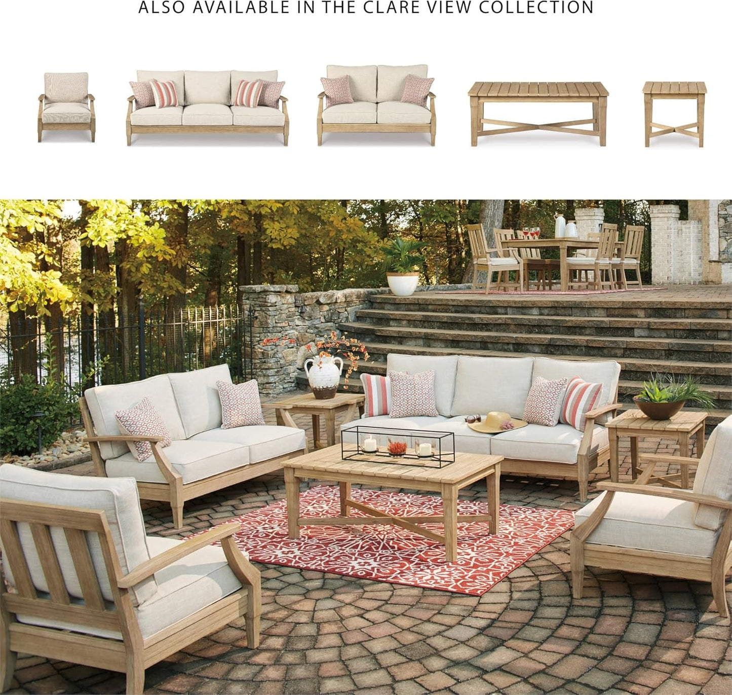 Signature Design by Ashley Clare View Outdoor Eucalyptus Wood Single Cushioned Lounge Chair, Beige