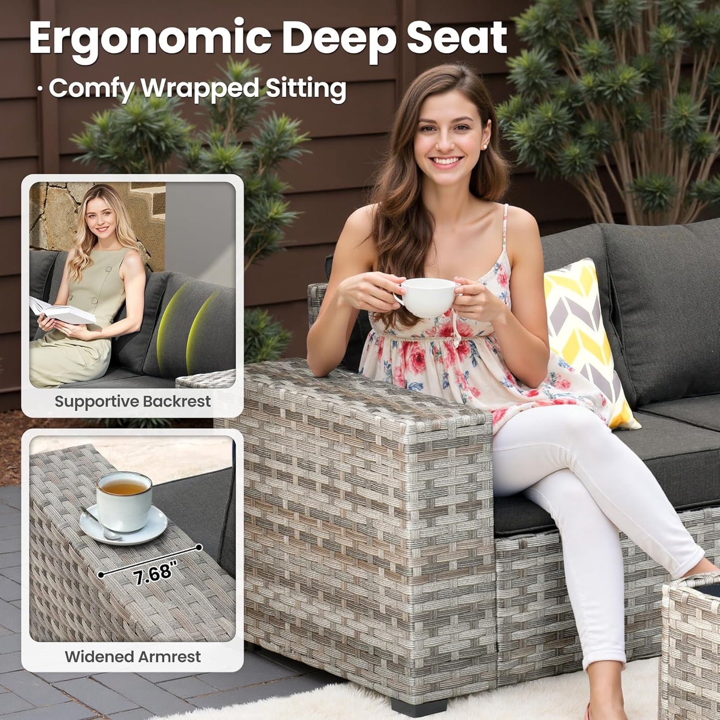 ovios 7 Pieces Patio Furniture Set, Outdoor Wicker Sectional Sofa with 30 Inch Fire Pit Table Comfy Cushions, Modern Modular Deep Seat Rattan Couch Conversation Set, Black