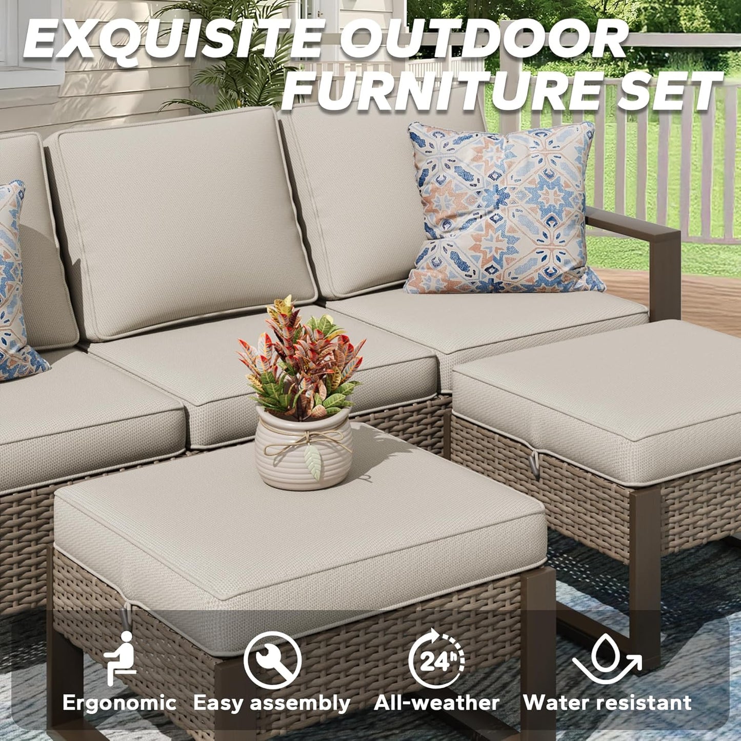 Wicker Patio 75" Sofa Set with Two Ottomans, All Weather Rattan Outdoor Conversation Furniture Set with Wood-Looking Metal Armrest for Deck Backyard Porch, Beige