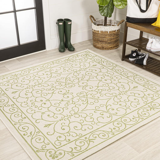 JONATHAN Y SMB106I-5SQ Charleston Vintage Filigree Textured Weave Indoor Outdoor Area Rug, Bohemian Coastal Traditional Easy Cleaning,Bedroom,Kitchen,Backyard,Patio, 5' Square, Cream/Green