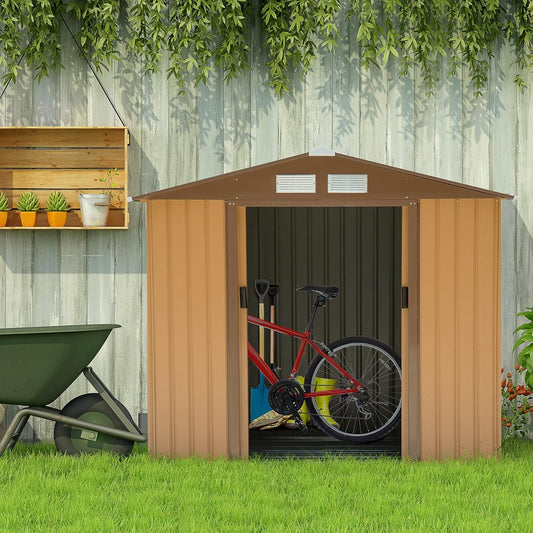 Outsunny 7' x 4' Outdoor Storage Shed, Garden Tool Metal Shed with Foundation Kit, Double Lockable Door, Air Vents and Sloping Roof, for Backyard, Patio, Lawn, Yellow