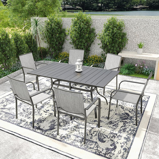 7-Piece Outdoor Patio Dining Set, 6 Stackable Patio Chairs & Rectangular Dining Table with All Weather Frame Furniture Set - Gray