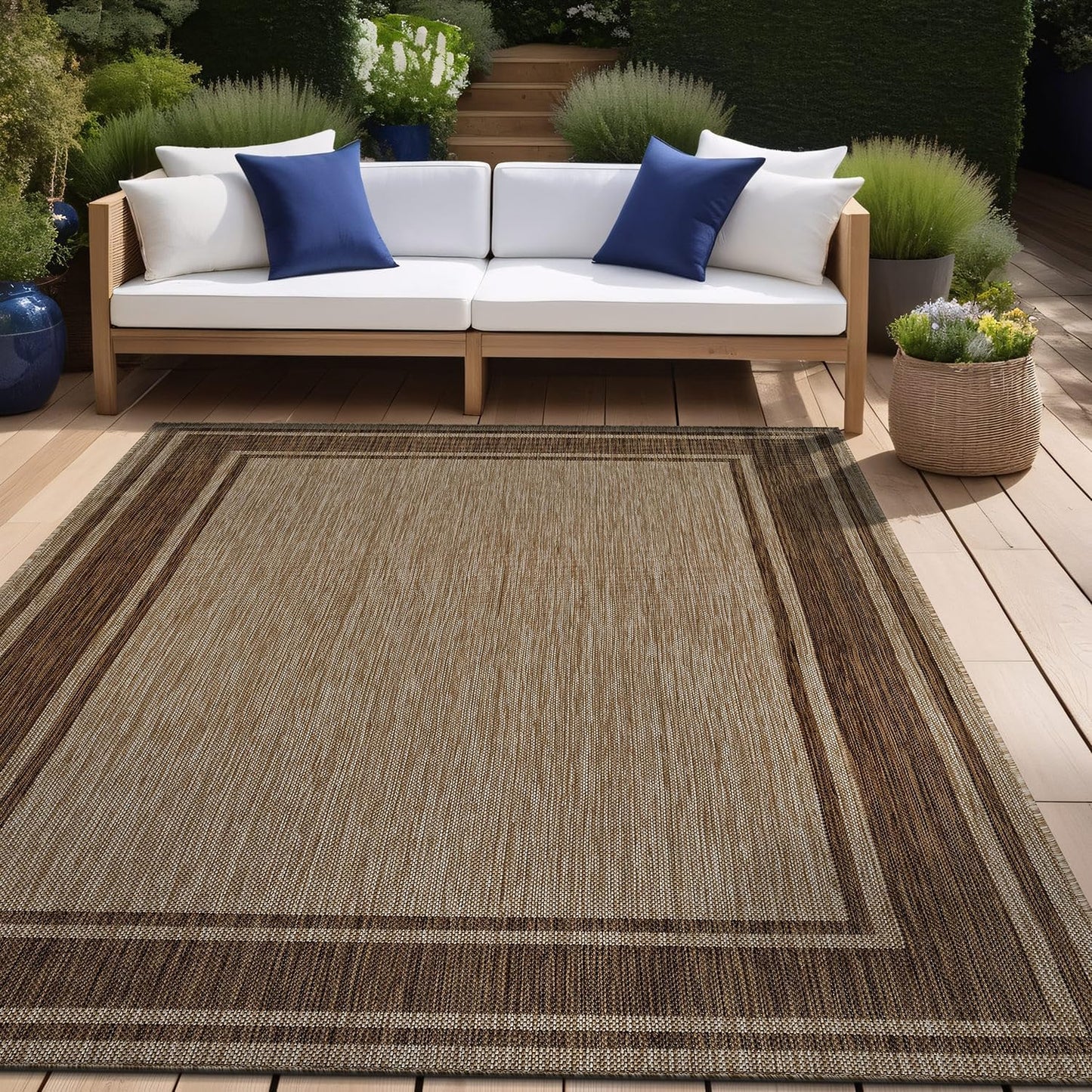 Beverly Rug Outdoor Rug 6x9 Modern Bordered Area Rugs for Indoor and Outdoor Patio Deck Porch Garden Waterproof Weather Sun Resistant Washable Outside Carpet (6 x 9 Jute)
