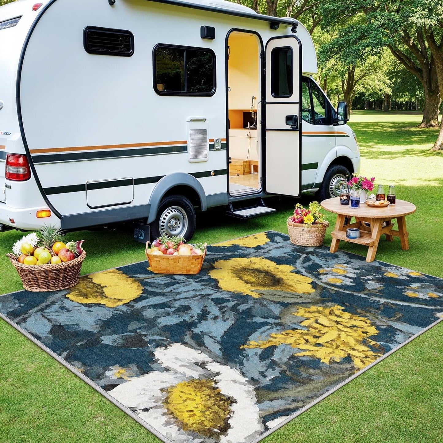 GENIMO Indoor Outdoor Area Rug 8' X 10' Waterproof, Washable Patio Rug Non Shedding, Easy Cleaning Floral Outdoor Carpet for Living Room, Bedroom, Dining Room, Balcony, Deck, RV, Backyard, Blue Yellow
