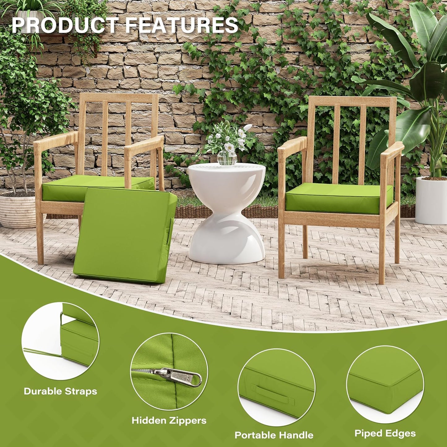 Patio Chair Cushions 17 X 16 X 3 Inch Waterproof Outdoor Seat Cushions for Patio Furniture, Outdoor Sofa Couch Pads with Ties & Handle, Set of 2, Grass Green