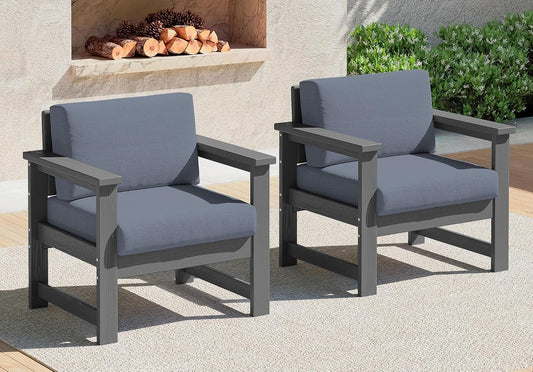 SERWALL 2 Pieces Single Cushioned Sofa Chair, Grey HDPE Outdoor Adirondack Lounge Armchair with Grey Cushion