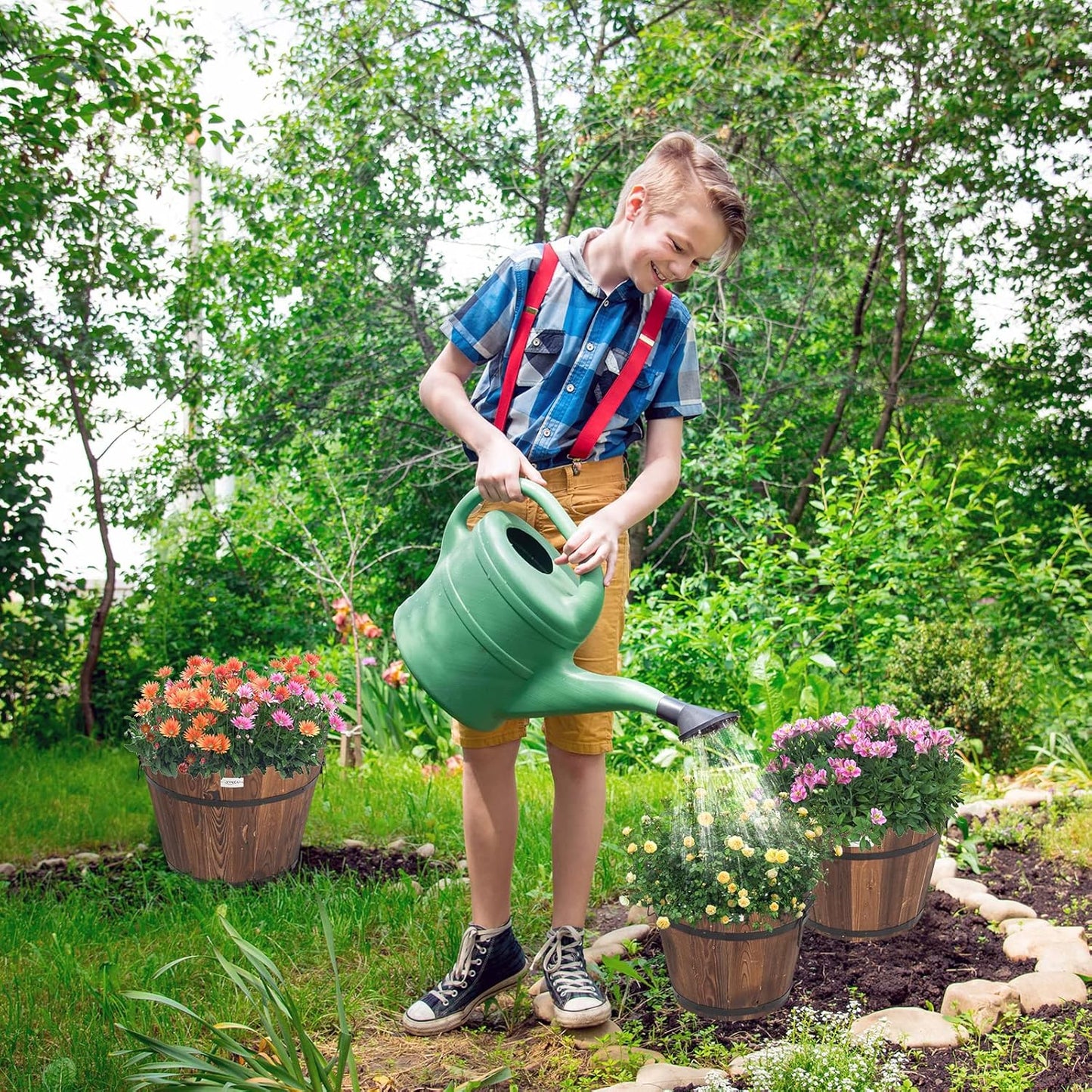 VINGLI 3 PCS Large Wooden Planter Barrel Set, 11.5"(Dia)- 18"(Dia) Real Wood Indoor/Outdoor Flower Pot w/Drainage Holes, Different Sizes, Large Garden Container Box