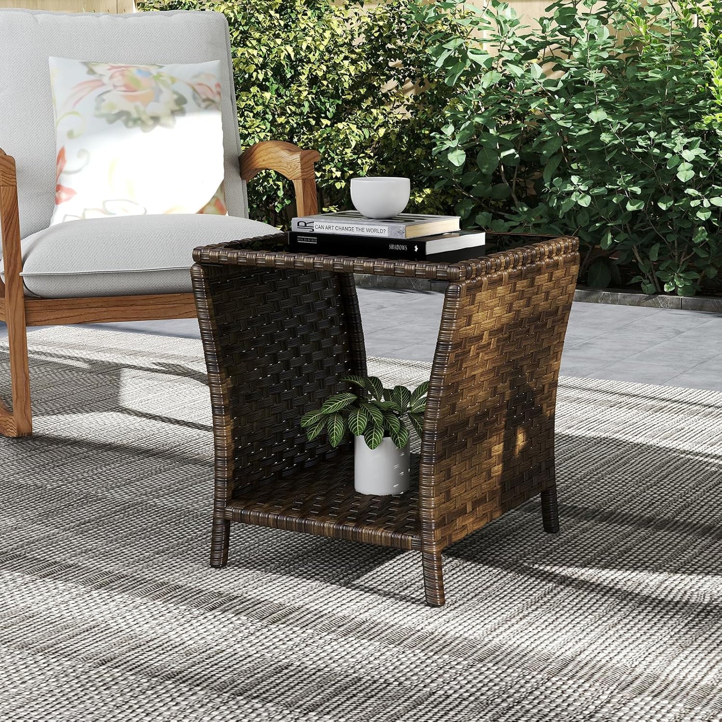 Outdoor Small Patio Table - PE Rattan Coffee Table, Wicker Side Table for Patio, Balcony & Porch, Durable & Iron Frame (1, Mixed Dark Brown)