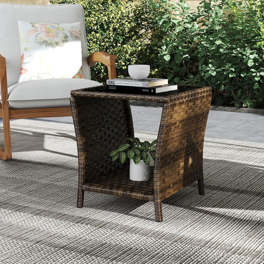 Outdoor Small Patio Table - PE Rattan Coffee Table, Wicker Side Table for Patio, Balcony & Porch, Durable & Iron Frame (1, Mixed Dark Brown)