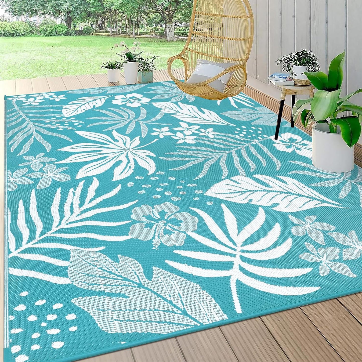 Pauwer Waterproof Outdoor Rug 8x10, Reversible Plastic Straw Patio Camping Rug, Indoor Outdoor RV Mat Carpet for Deck, Camper, Porch, Balcony, Backyard, Picnic, Floral Teal