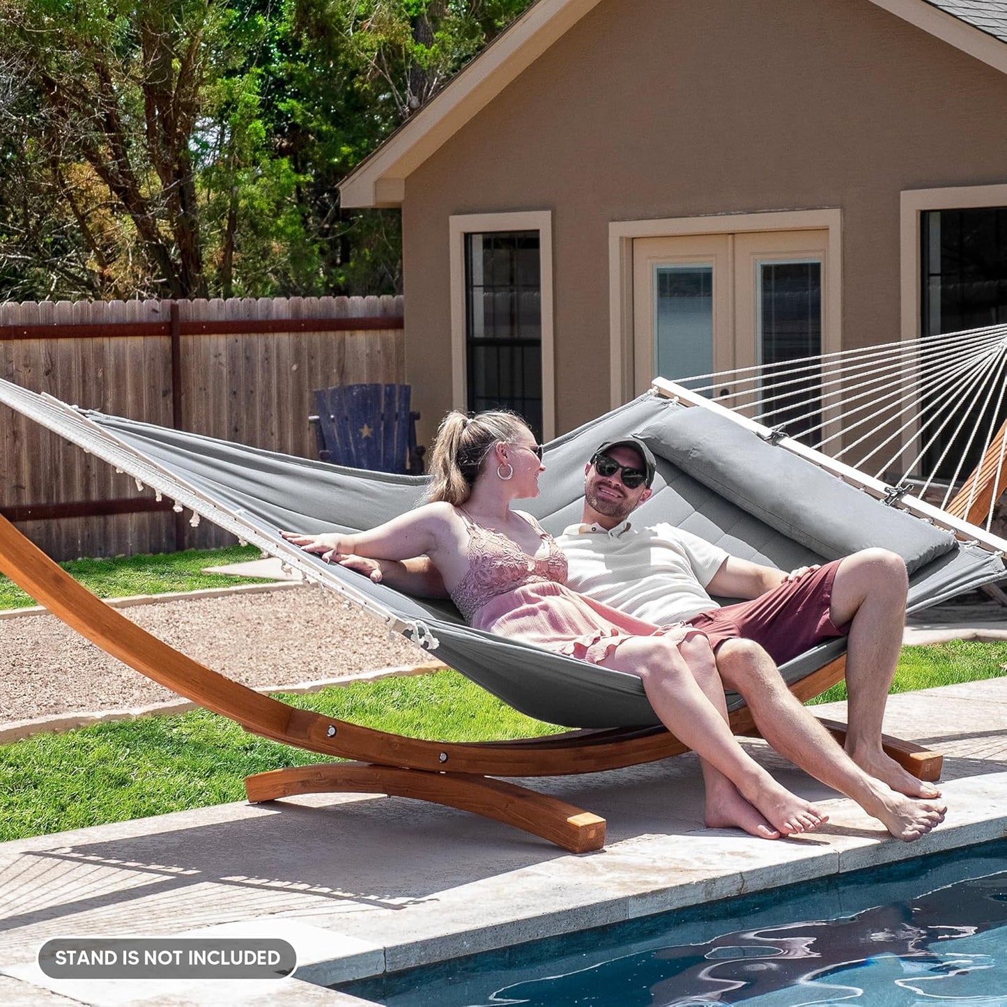 SUNCREAT Portable Double Hammock with Hardwood Spreader Bar, Extra Large Outdoor Hammock with Soft Pillow, 475 lbs Capacity, Light Gray