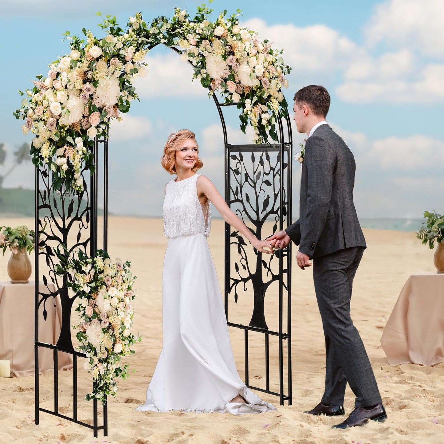 Evergreen Plow & Hearth Tree of Life Garden Arbor - 7 Feet Tall | Slim Metal Arch with Iron Trellis for Climbing Plants | Elegant Wedding Arbor | Outdoor Patio & Garden Decor