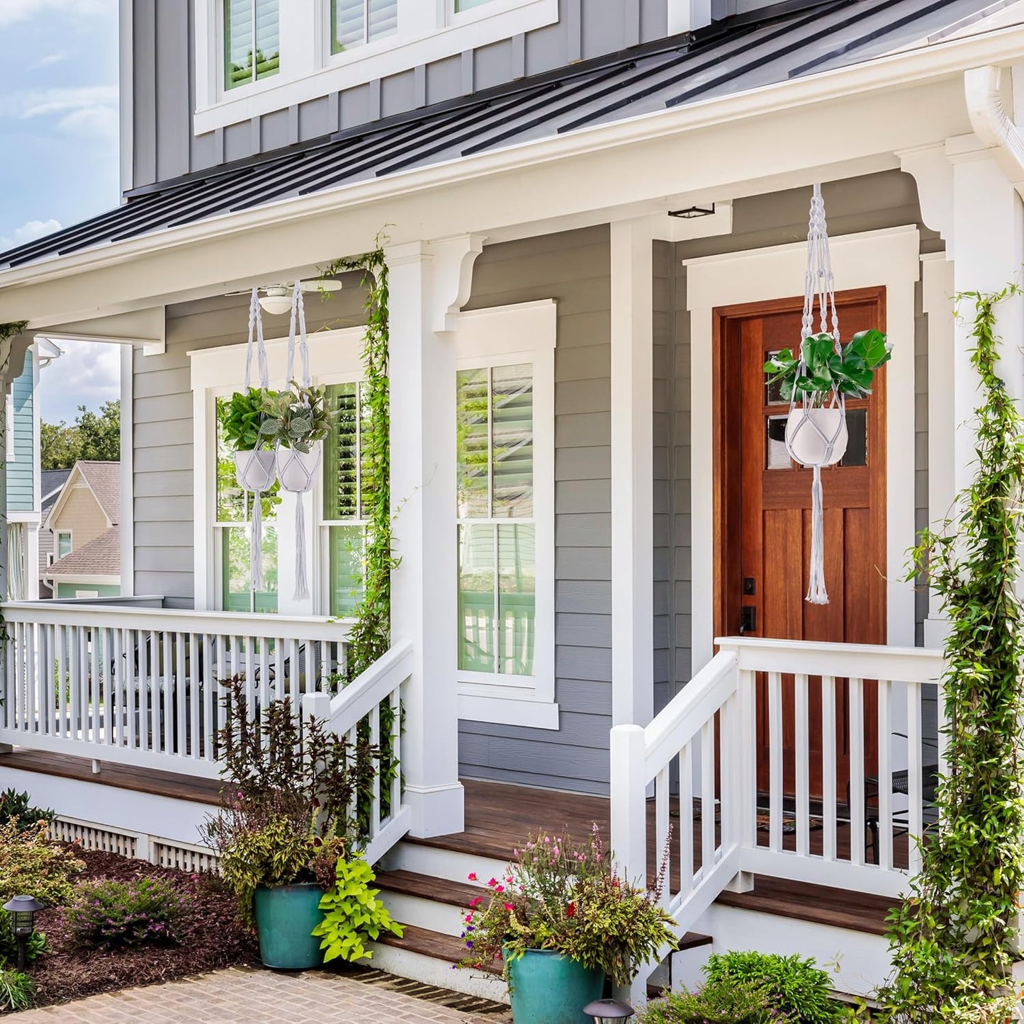 Sorbus Macrame Plant Hanger (8 Pack) Indoor Outdoor Hanging Plant Pots Cotton Rope, Elegant for Home, Patio, Garden (White)