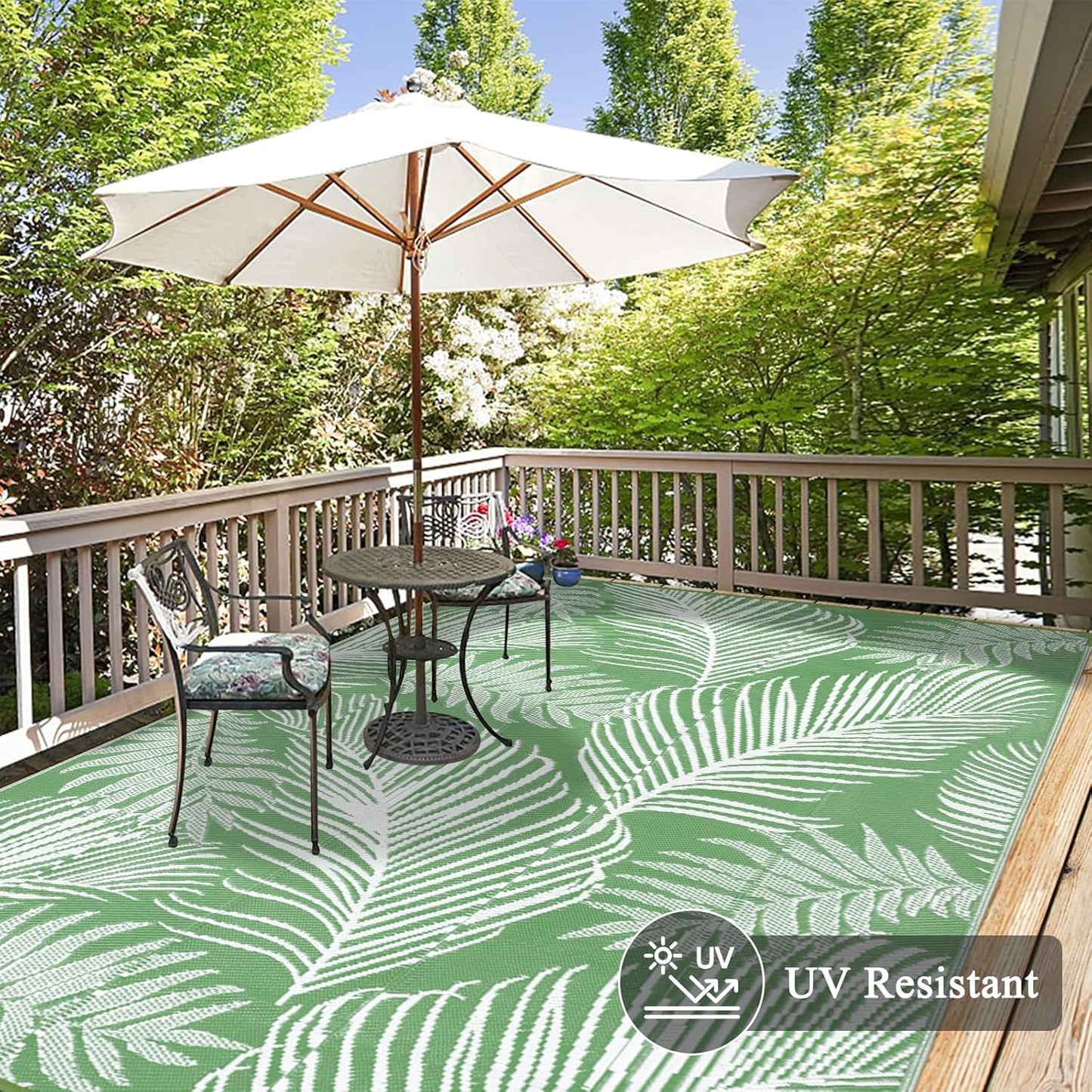 Pauwer Waterproof Outdoor Rug 8x10, Reversible Plastic Straw Patio Camping Rug, Indoor Outdoor RV Mat Carpet for Deck, Camper, Porch, Balcony, Backyard, Picnic, Leaf Green