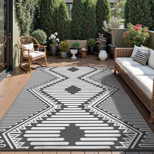 MontVoo Outdoor Rug 9x12 Waterproof Patio Rug-Outdoor Carpet Mat Reversible Plastic Straw Outside Outdoor Rug for RV Camping Picnic Beach Balcony Backyard Pool Deck Porch Modern Boho Grey