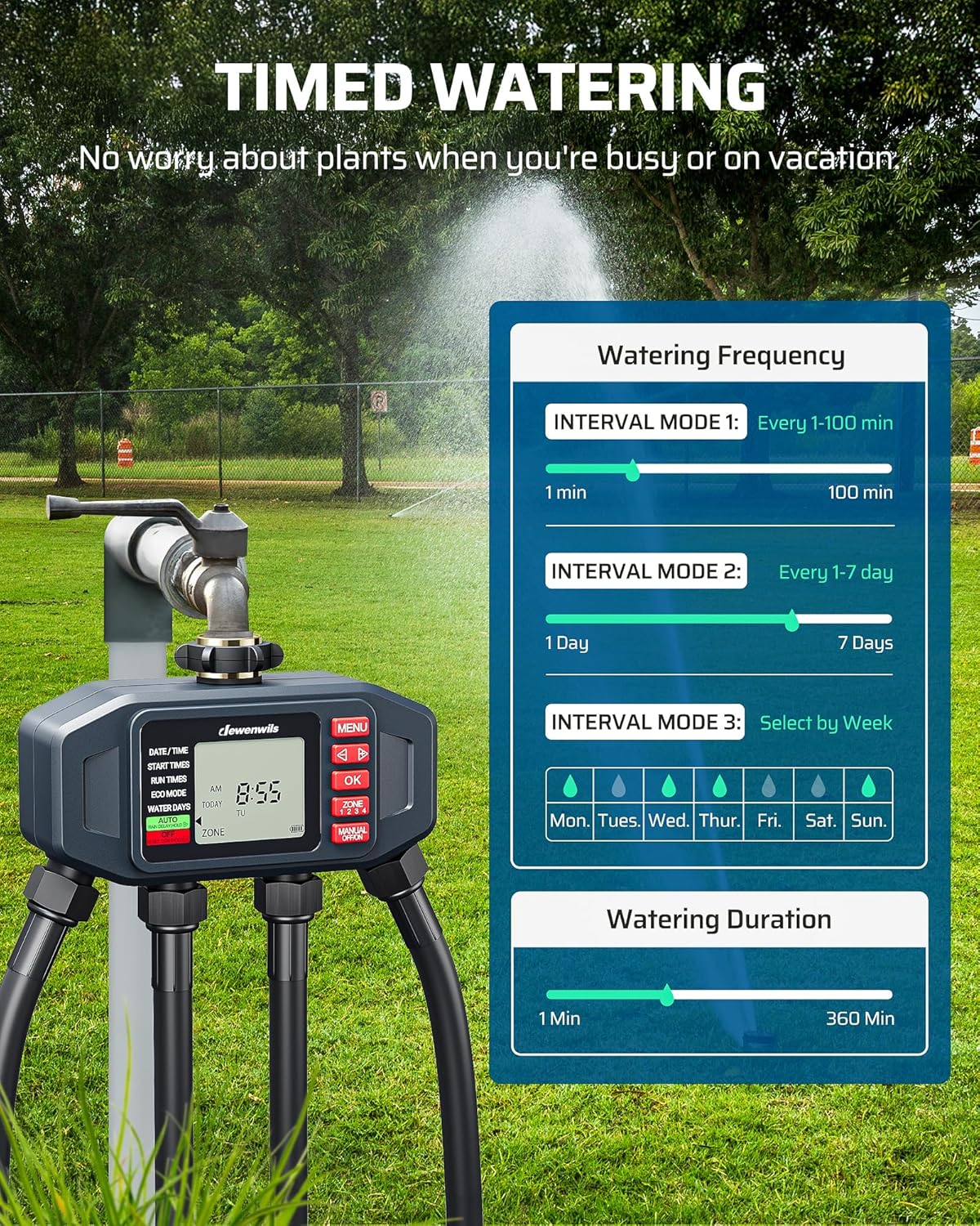 DEWENWlLS Sprinkler Timer, 4 Zone, Outdoor Faucet lrigation, Rain Delay & Manual, Programmable Water Hose Timer for Holiday, Garden, Lawn, Vegetable Gardening, Potted Flowers