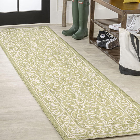 JONATHAN Y SMB106H-28 Charleston Vintage Filigree Textured Weave Indoor Outdoor Runner Rug, Coastal,Traditional,Transitional Easy Clean,Bedroom,Kitchen,Backyard,Patio, Non-Shed, Green/Cream, 2 X 8