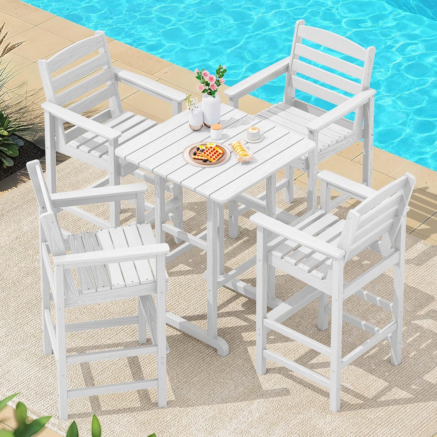 SERWALL 5 Pieces Adirondack Bar Chairs Set, HDPE Adirondack Barstools Chairs with Bar Pub Table, Outdoor Patio Bar Furniture Set for Bistro, Balcony, Poolside, Garden, White