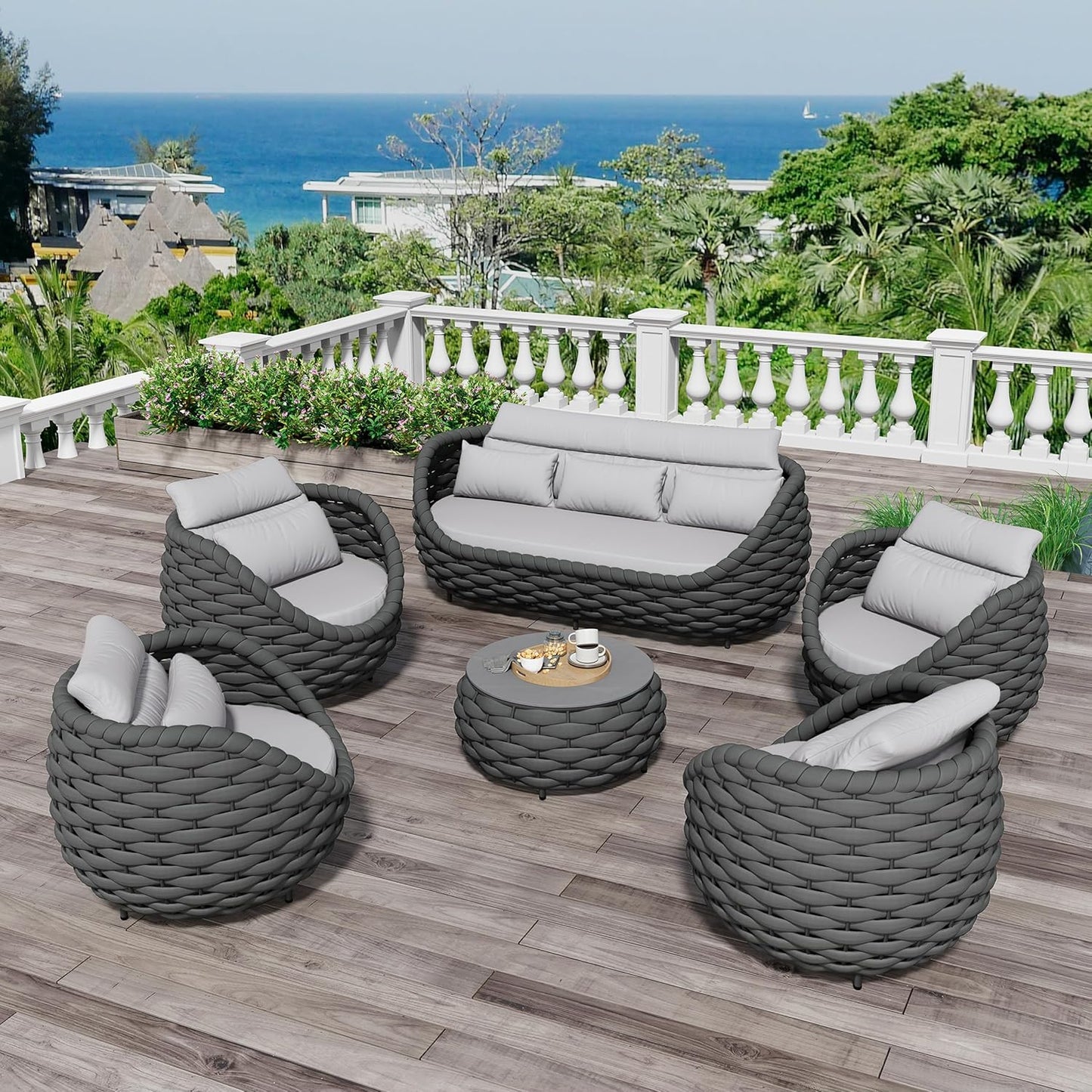 Aluminum Woven Rope Patio Furniture Set: 6 Pieces Assembled Outdoor Conversation Sofa Set for 7 - Modern Metal Couch Set Cushioned - All Weather Porch Seating for Deck Garden Lanai Hotel Resort