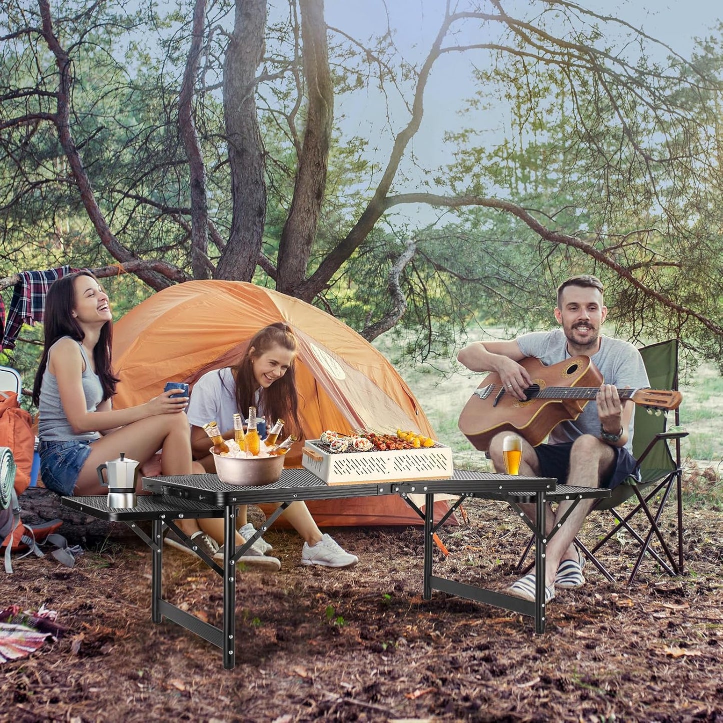 Grill Table Folding Table with 2 Wing Panels 3FT+1.4 FT with Mesh Desktop 2 Height Adjustable Portable Grill for Outdoor Indoor Beach BBQ Picnic Travel RV Black