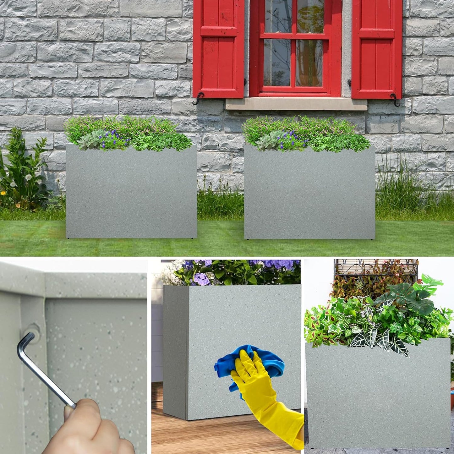 Metal Planter Box Rectangular Planter, 35.5" Lx 10" Wx 28" H Terrazzo White Large Planters with Drainage Holes, Galvanized Steel Tall Planters for Patio/Porch