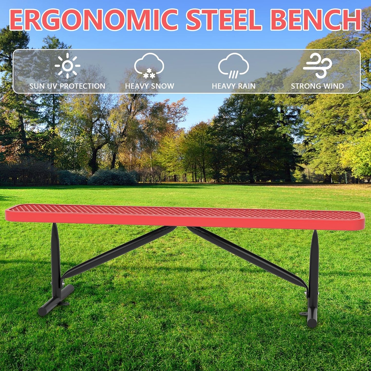 48" L Outdoor Steel Flat Bench, Heavy Duty Metal Park Bench for Outside, Expanded Metal, Commercial Benches Mesh Bench for Shopping Mall, Store, Lawn, Park, Patio, Deck, Garden (Red, 6FT)