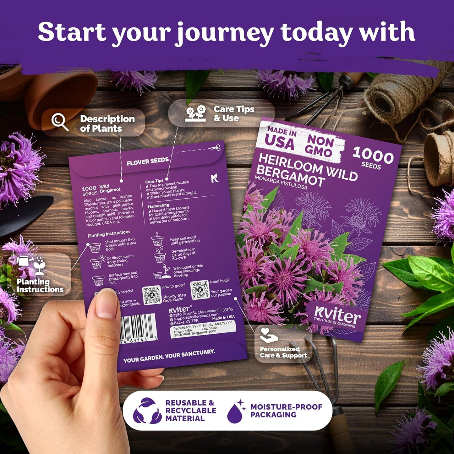 KVITER 1,000 Wild Bergamot Seeds for Planting (Monarda fistulosa) – Bee Balm Native Wildflower, Pollinator Magnet, Organic & Non GMO – Perennial Flower Seeds to Plant Outside in Flower/Herb Garden