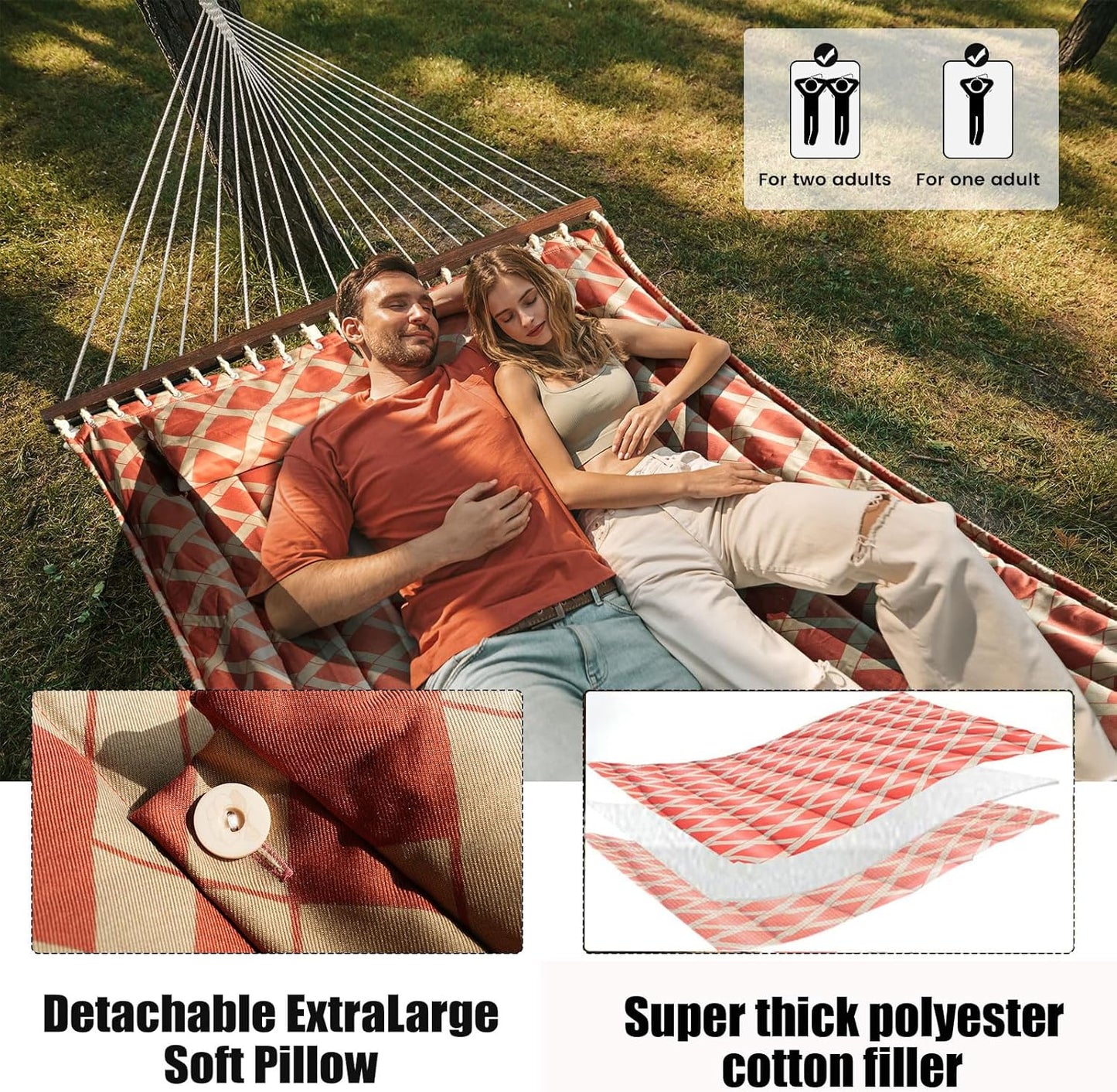 13FT Double Hammock With Spreader Bars - 600 lbs Capacity, Detachable Pillow, Heavy Duty Hanging Tree Design for Outside, Patio, Garden, Backyard, Beach, and Poolside