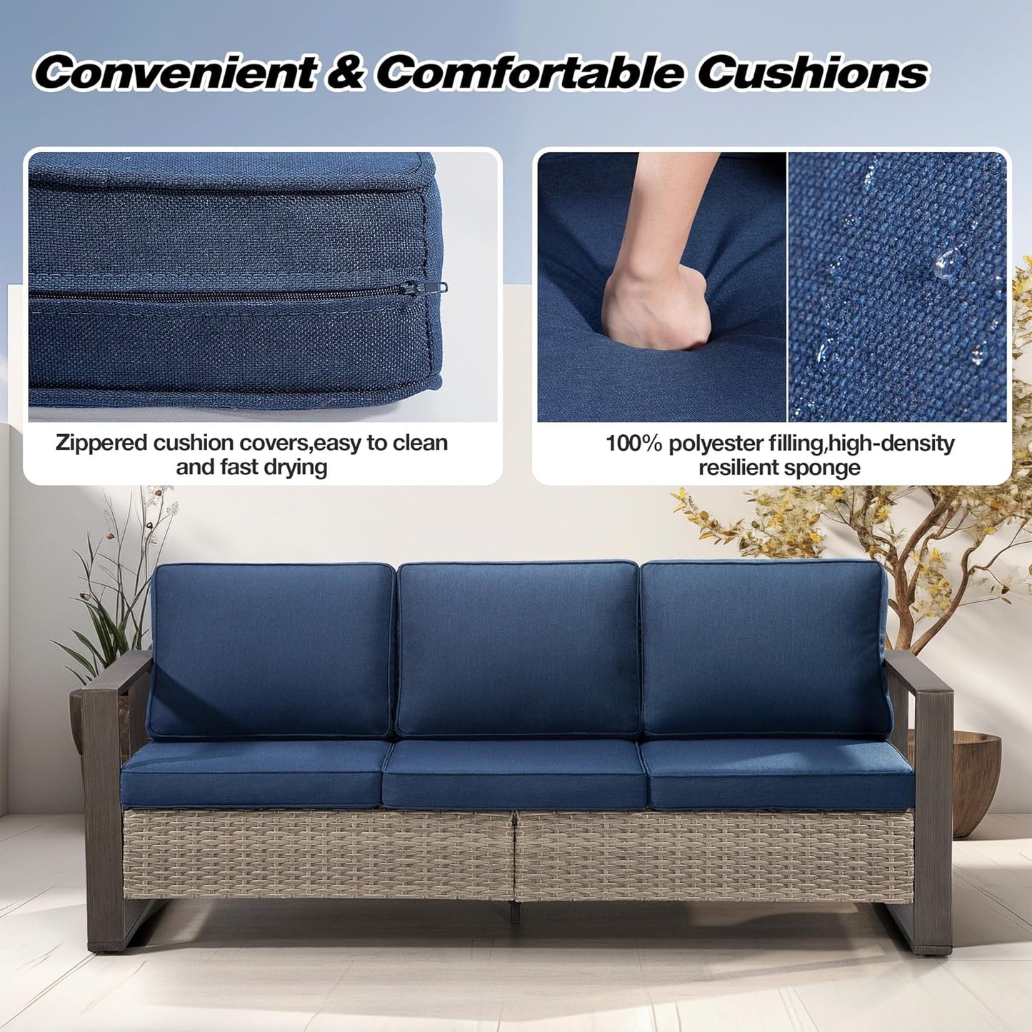 Joyside Outdoor Patio Wicker Sofa, 3-Seater Rattan Sofa with Thick Olefin Cushions and Metal Steel Rectangular Framed Armrest -Looking Metal Armrest Suitable for Garden, Backyard, Porch, Deck (Blue)