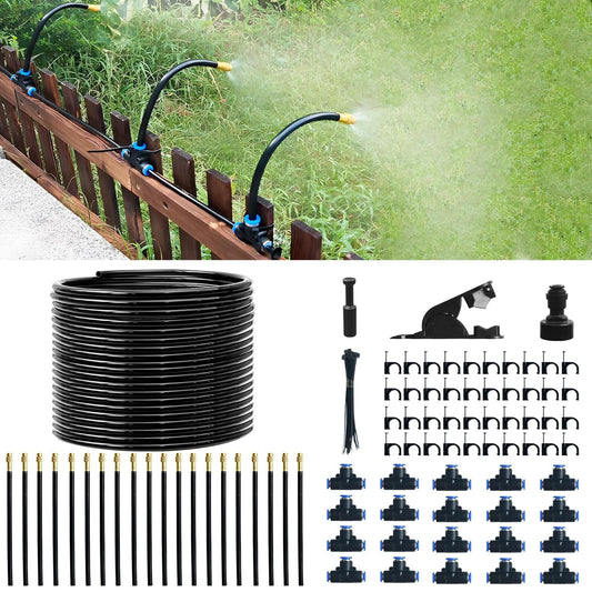 65.6Ft 360° Adjustable Drip Irrigation System Kit, Automatic Garden Watering System with 20 Copper Nozzles, Atomizing Misting Watering System with 360° Bending Dropper for Plant Lawn Patio