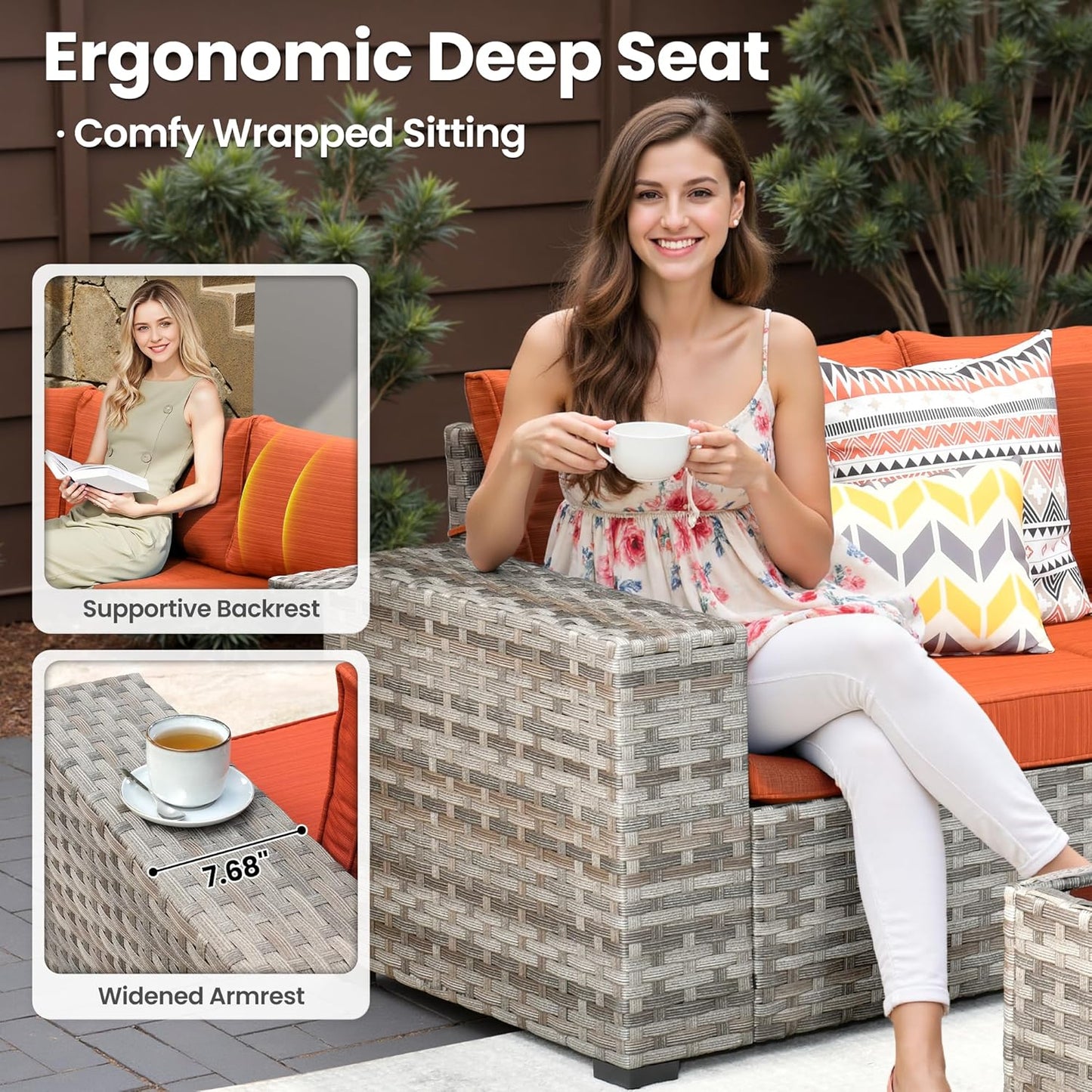 ovios 13 Pieces Patio Furniture Set, Outdoor Wicker Sectional Sofa with 42 Inch Fire Pit Table Comfy Cushions, Modern Modular Deep Seat Rattan Couch Conversation Set, Orange Red