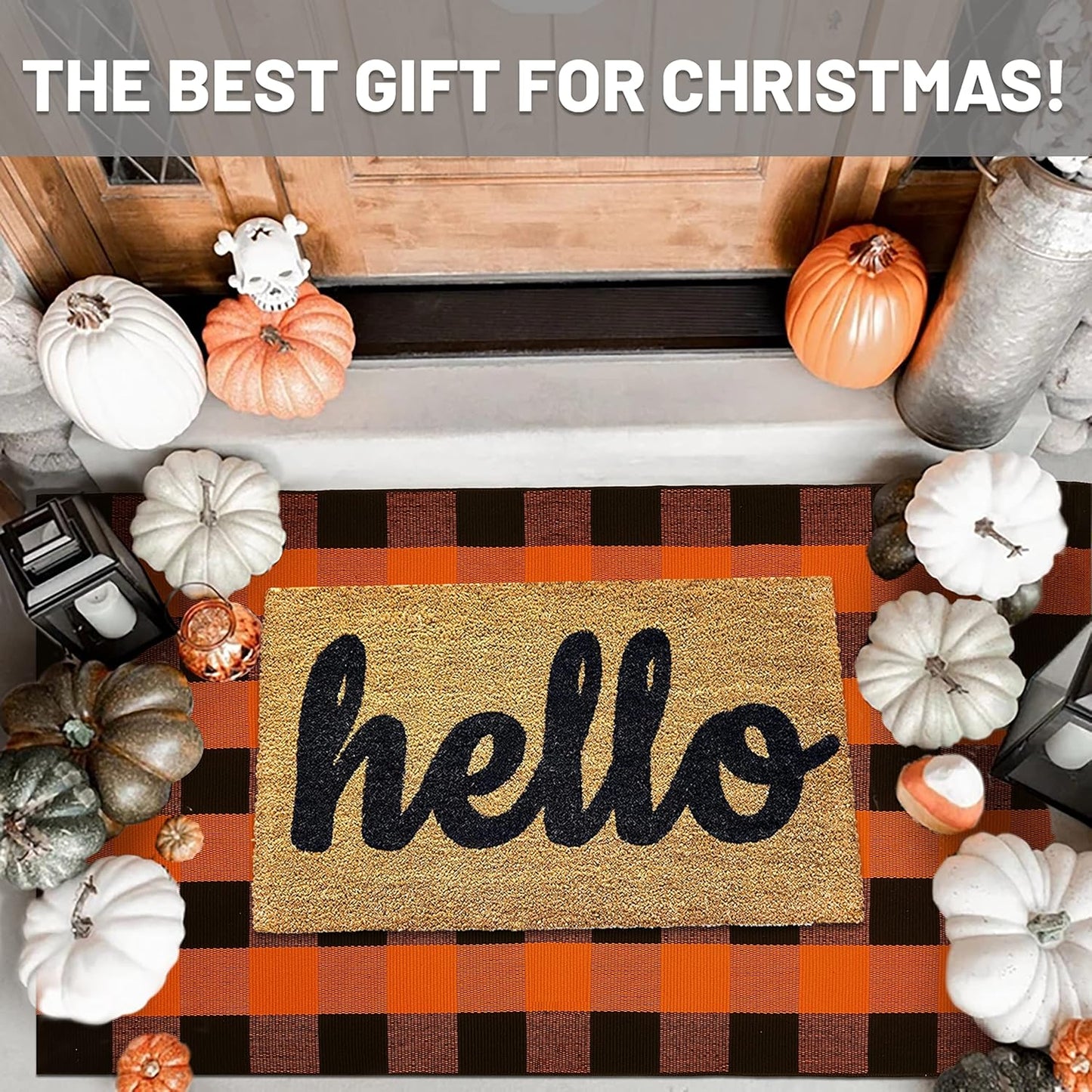 IOHOUZE Fall Buffalo Plaid Check Rug Outdoor Doormat 3x5 Ft Washable Woven Outdoor Indoor Welcome Mats for Front Door/Farmhouse/Entryway/Home Entrance Black and Orange Outdoor Rug