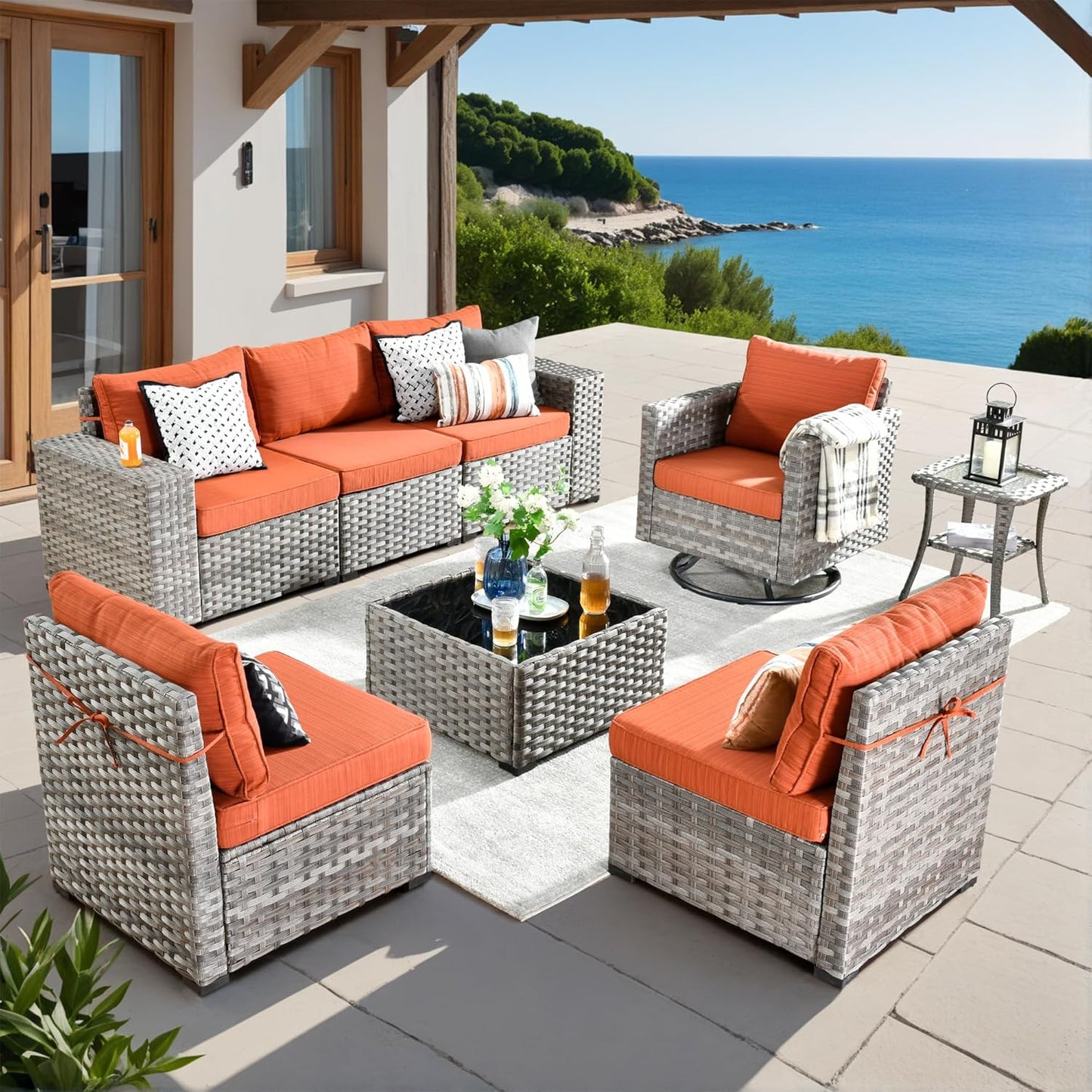 ovios 8 Pieces Patio Furniture Set, Outdoor Wicker Sectional Sofa with Swivel Chair Coffee Table, Modern Modular Deep Seat Rattan Couch Conversation Sets, Orange Red