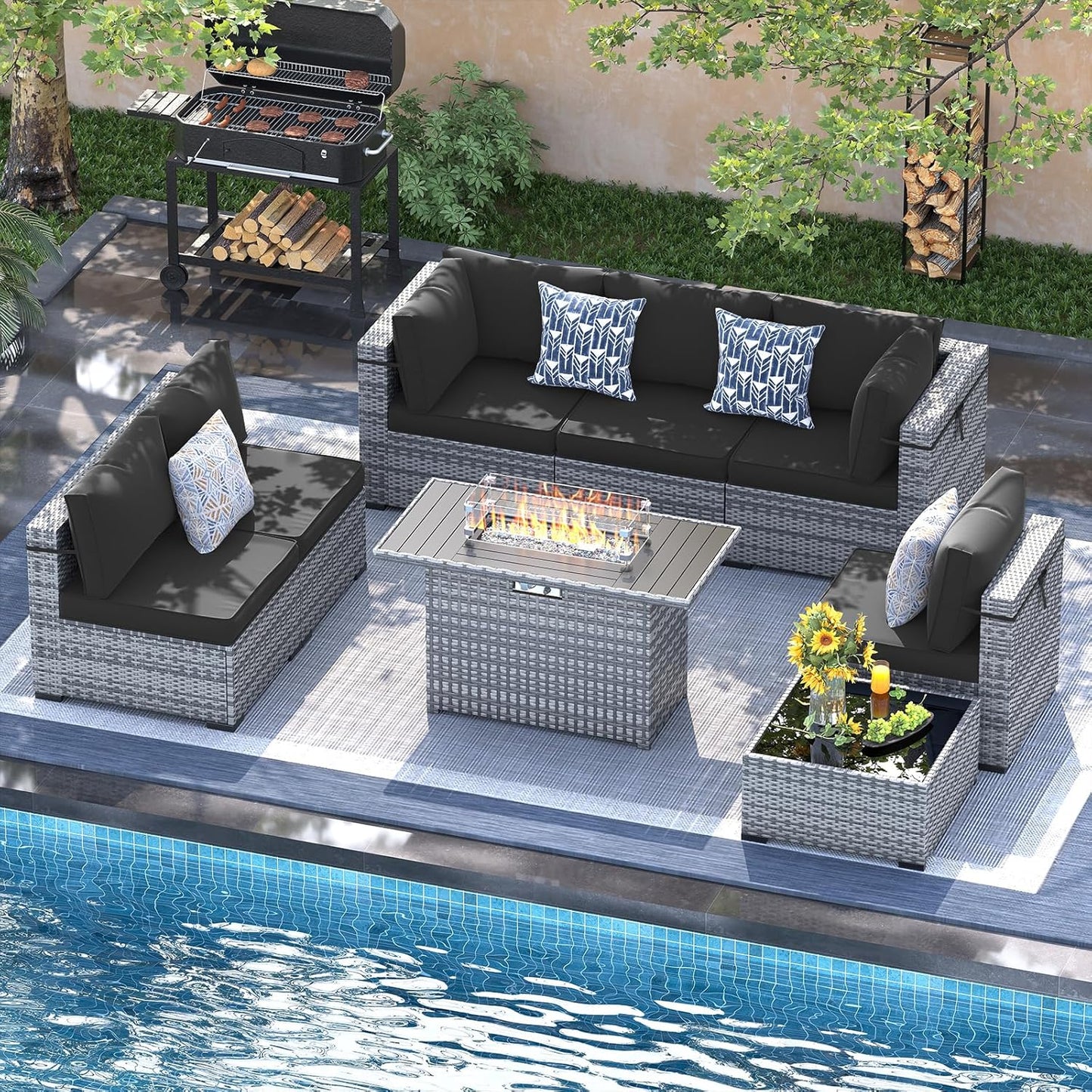 UDPATIO Patio Furniture Set with Fire Pit Table, 8 Piece Outdoor Sectional Modular Sofa, Wicker Outdoor Furniture Conversation Sets with Waterproof Cover for Backyard Deck(Grey/Black)