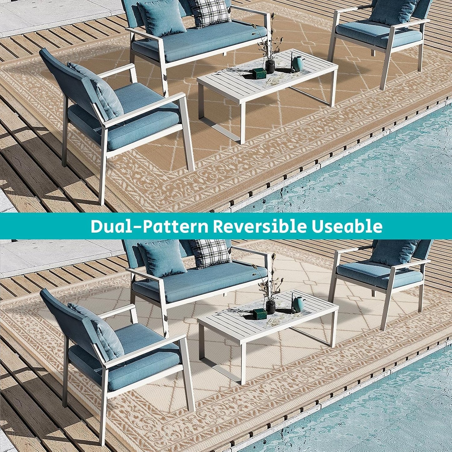 HEBE Outdoor Rug Waterproof 8x10, Reversible Plastic Straw Rug RV Camping Rug, Indoor Outdoor Patio Mat Clearance, Outside Carpet for Porch,Deck,Camper,Balcony,Backyard,Picnic