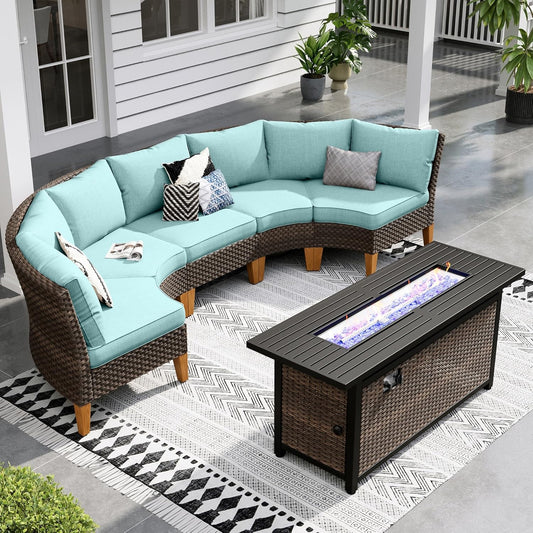 Sophia & William Patio Furniture Set with Fire Pit Table, 6 Piece Half Moon Outdoor Wicker Sectional Sofa Set, Rattan Conversation Set with 56-Inch Fire Pit Table for Backyard, Deck, Pool(Aqua Blue)