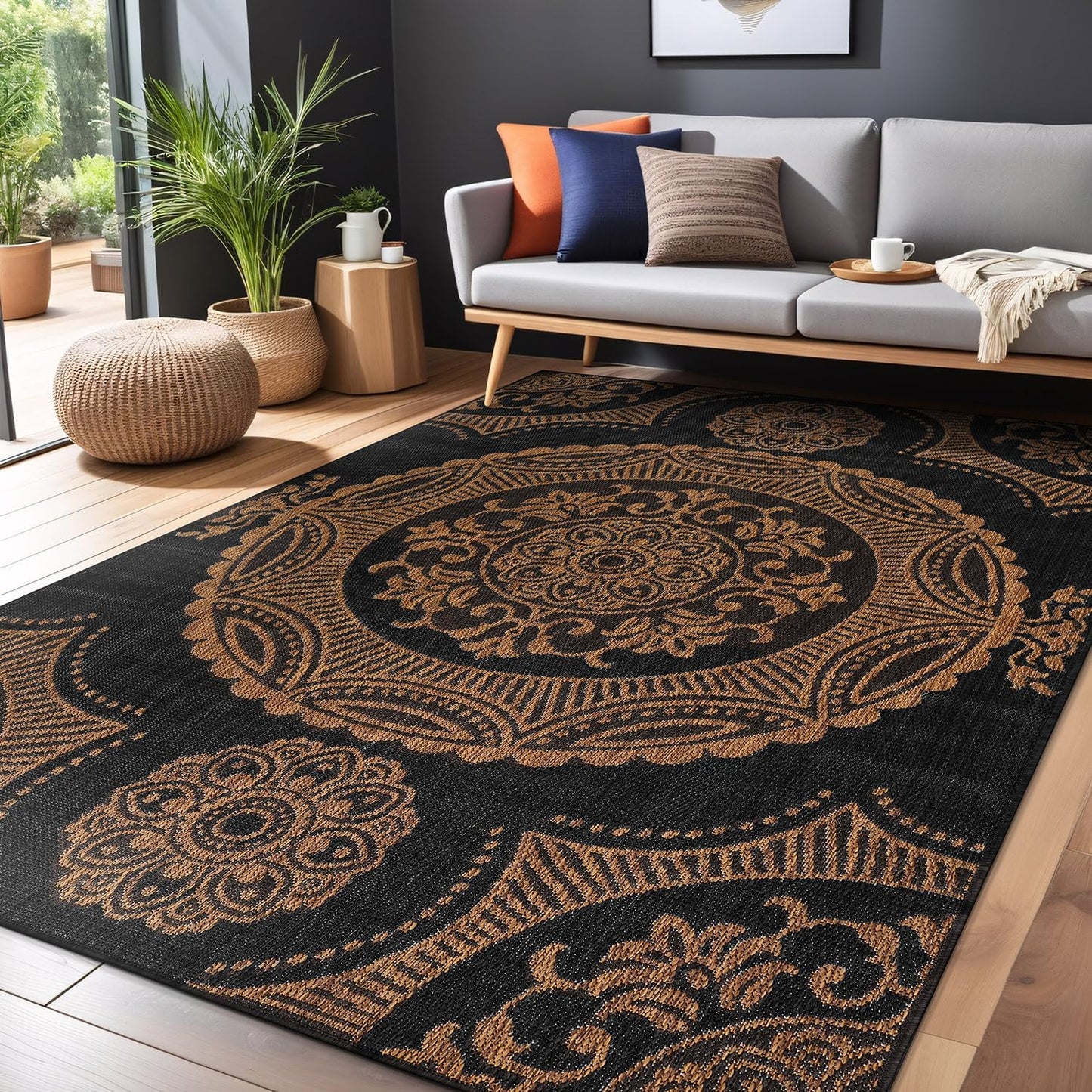 Medallion Outdoor Rug 9x12 Washable Outside Carpet for Indoor Patio Porch Waterproof Easy Cleaning Non Shedding Area Rugs Nut Brown 9 x 12