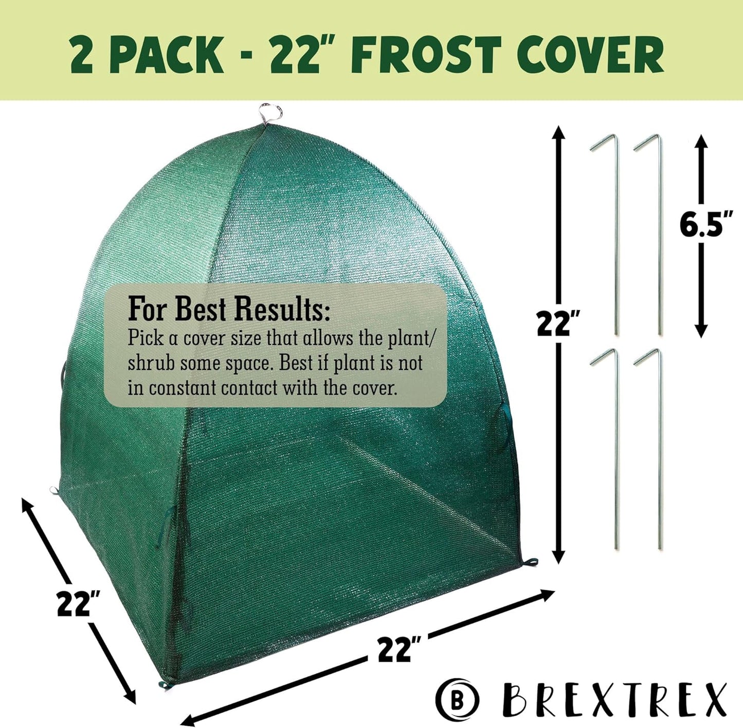 Winter Plant Cover Freeze Protection Tents 2 Pack-Protect Shrubs from Snow, Frost, Animals, Freezing Temperatures - Complete with Soft Garden Ties (22" x 22" x 22", 2 Pack, green with stakes)