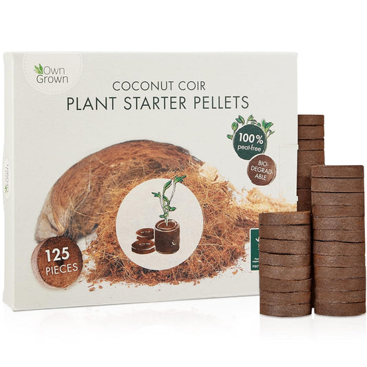 Coco Coir Seed Starter Pellets: 125 Coconut Coir Plugs for Growing Plants - Peat Free Seedling Soil - Seed Starter Kit with Potting Soil Pellets - Gardening Supplies from OwnGrown