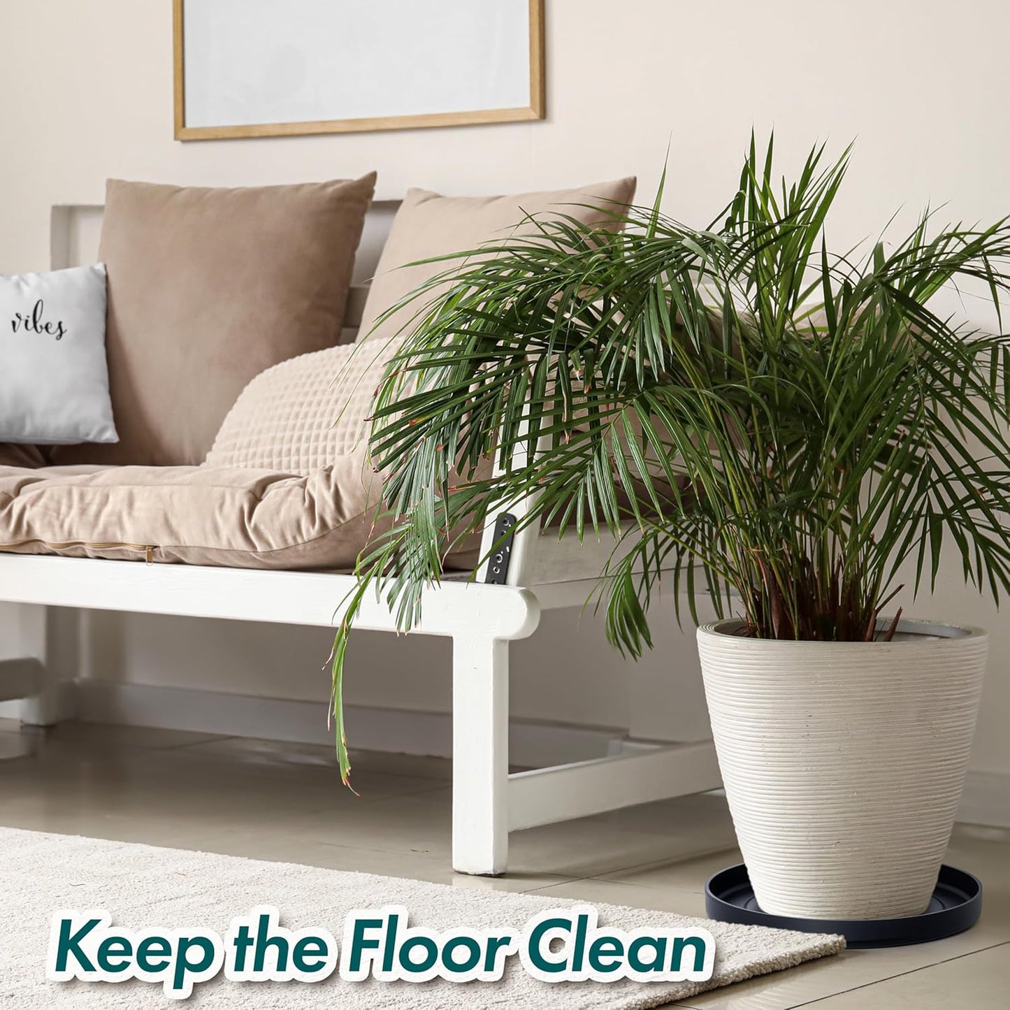 Phoenix Vine 14 Inch Plastic Plant Saucer Water Drip Tray, Heavy Sturdy Round Plant Drainage Tray for Indoors Outdoor, Set of 2, Matte Black, 21-TY-14B-2