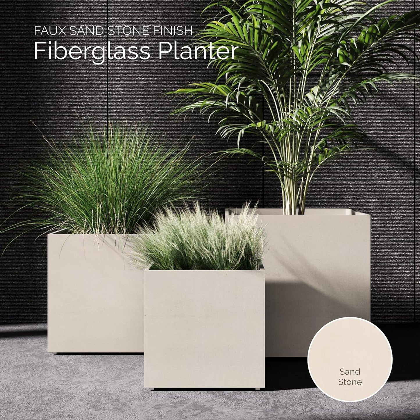 Reglito Cube Planter – Fiberglass Indoor/Outdoor and Weather-Resistant Large Planter (Sand Stone, 23.6" L x 23.6" W x 24.2" H)