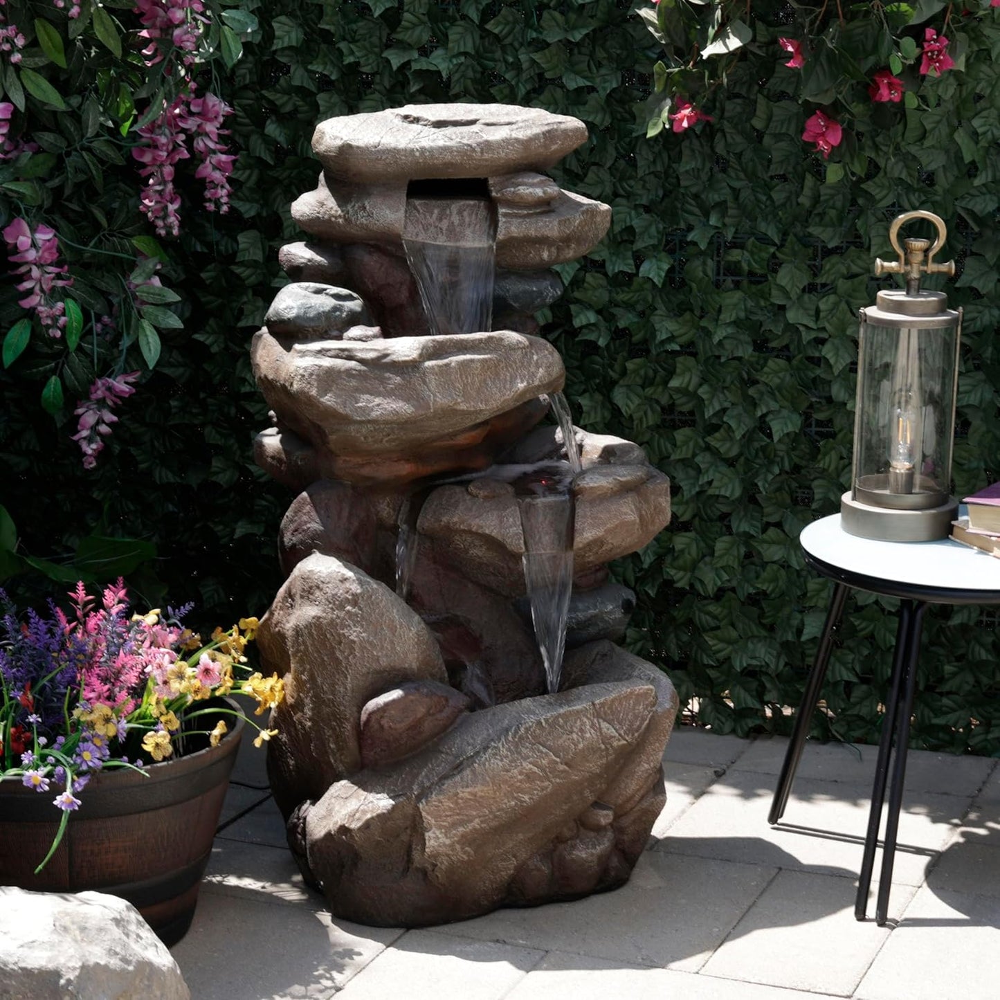 Alpine Corporation WIN315 40" Floor Fountain – Tiered Brown Rock Water Feature with Color-Changing LED & Remote – Cascading Streams for a Tranquil Garden, Patio, Yard, Deck, or Porch, Light Brown