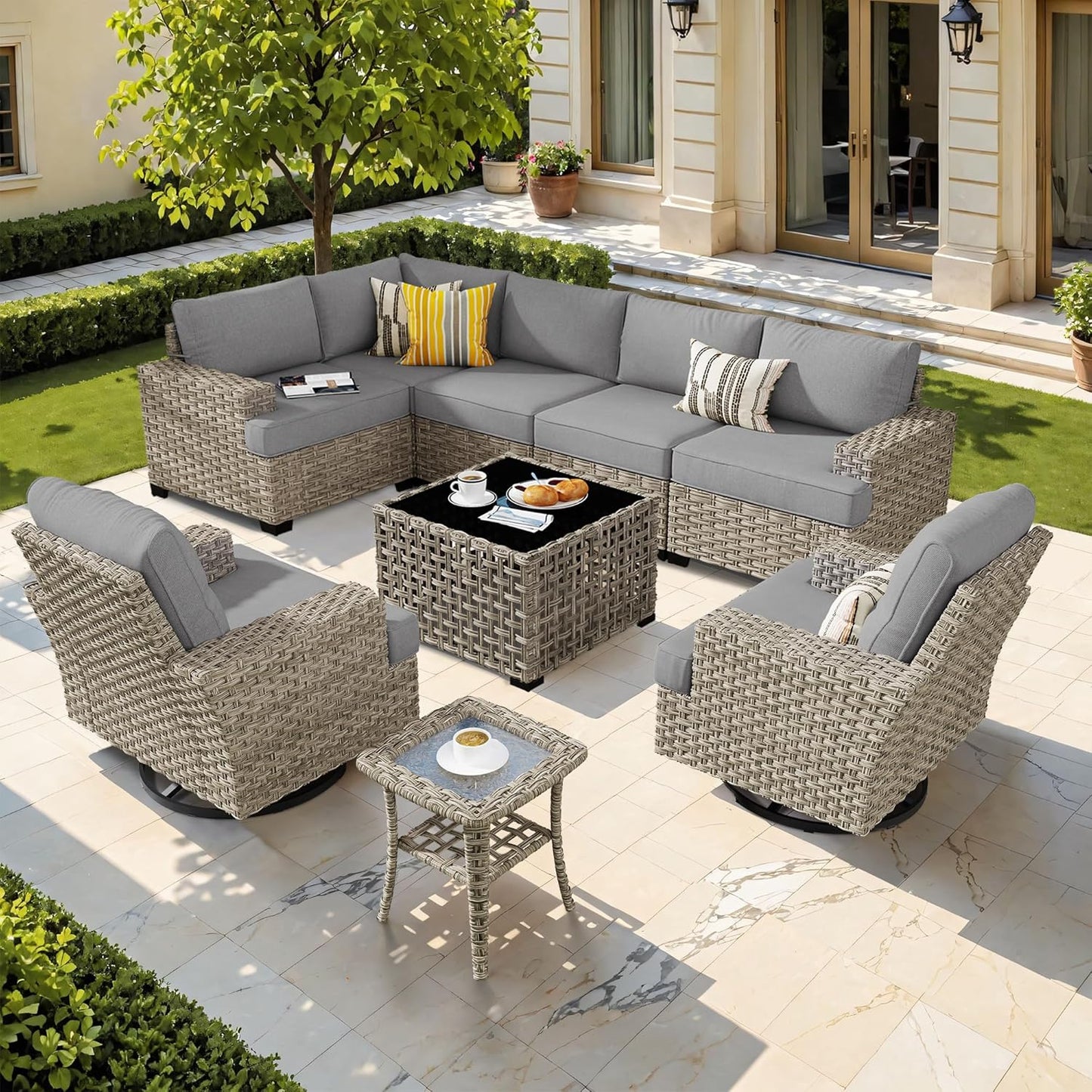 HOOOWOOO Outdoor Sectional Patio Furniture Set,9 Pieces Wicker Conversation Sets L Shaped Couch,Extra Deep Out Door Sofa Outside Furniture with Swivel Chairs,Charcoal Gray
