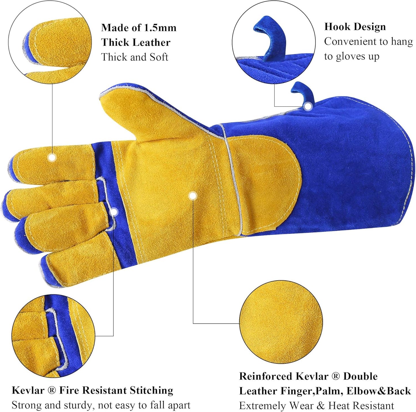 Welding Gloves Fire Heat Resistant: Blue 16IN 932℉ - Fireproof Leather For Stick Mig Flux-Core Welder Forge Blacksmith Fireplace Wood Stove Fire Pit Grill Oven Furnace Handling Dry Ice - Birthday Gift