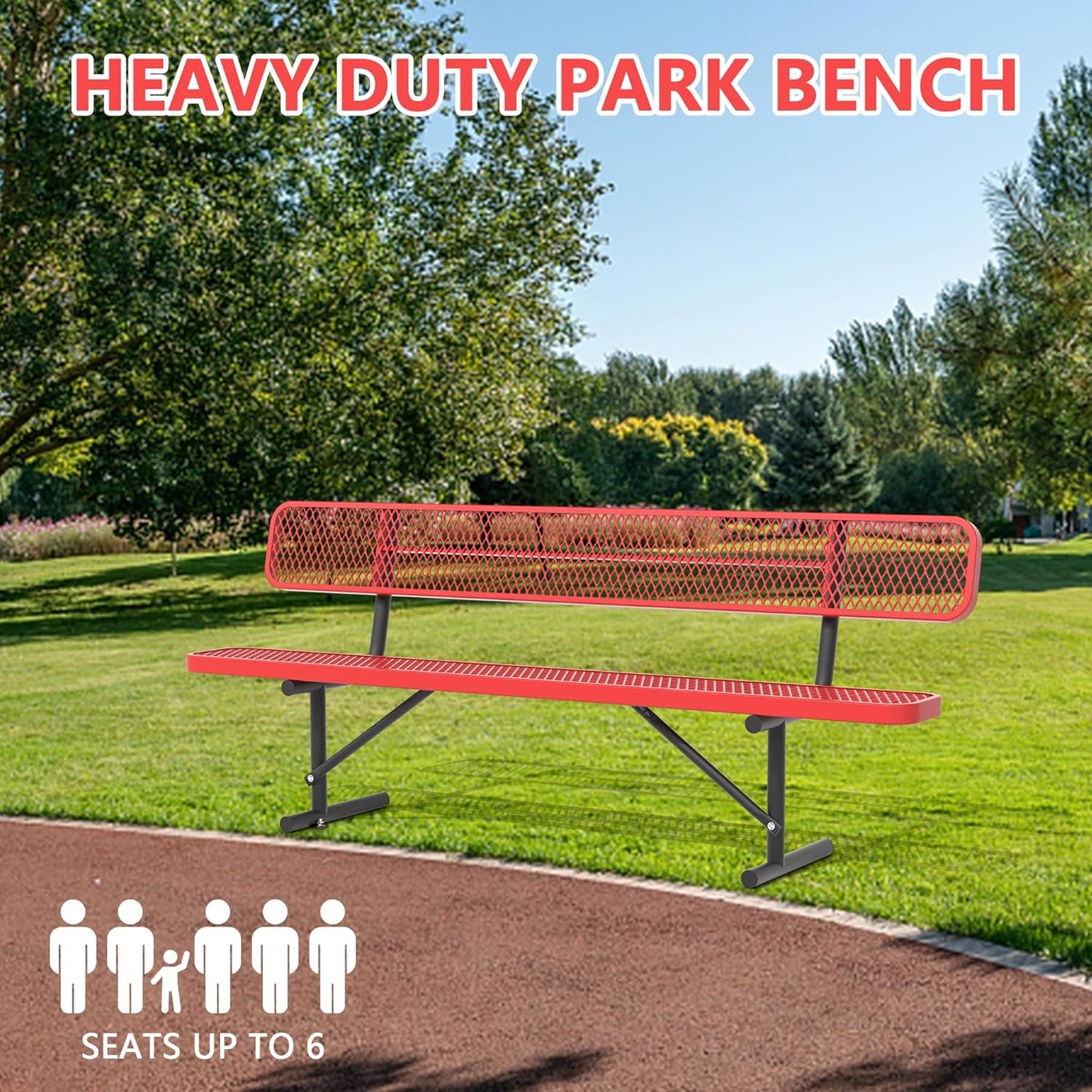 Heavy Duty Park Bench with Back Portable Frame, Outdoor Steel Bench with Backrest, Outdoor Park Bench Expanded Metal Mesh Bench for Lawn, Park, Deck, Garden, Patio, Porch, Black (Red, 8FT)