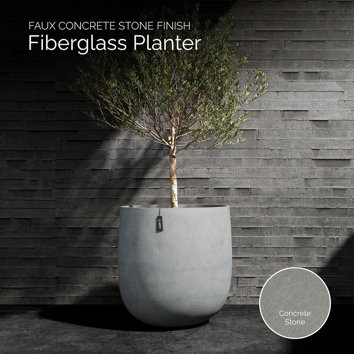 Mondo Large Planter – Concrete Stone Finish – Fiberglass Indoor/Outdoor and Weather-Resistant Round Planter (33" D x 31.3" H Exterior, 31.5" D x 30.7" H Interior)