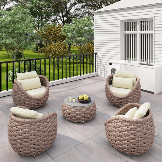 Aluminum Patio Conversation Set: 5 Pieces Deck Furniture Set All Weather - Cushioned Woven Rope Outdoor Sofa Set Assembled - Metal Modern Couch Set for 400 lbs Porch Garden Hotel, Terracotta
