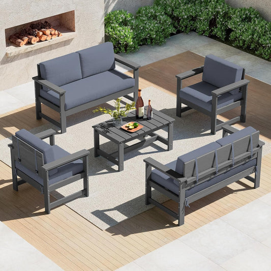 SERWALL 5 Pieces HDPE Outdoor Sofa Set with Cushions, All Weather Loveseat Social Furniture Set, Couch Conversation Chairs with Coffee Table, Grey Frame with Grey Cushions